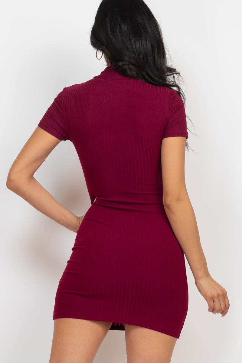Casual Ribbed Mock Neck Short Sleeve Bodycon Dress (CAPELLA)-12