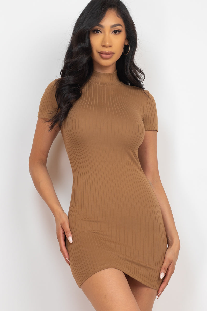 Casual Ribbed Mock Neck Short Sleeve Bodycon Dress (CAPELLA)-20