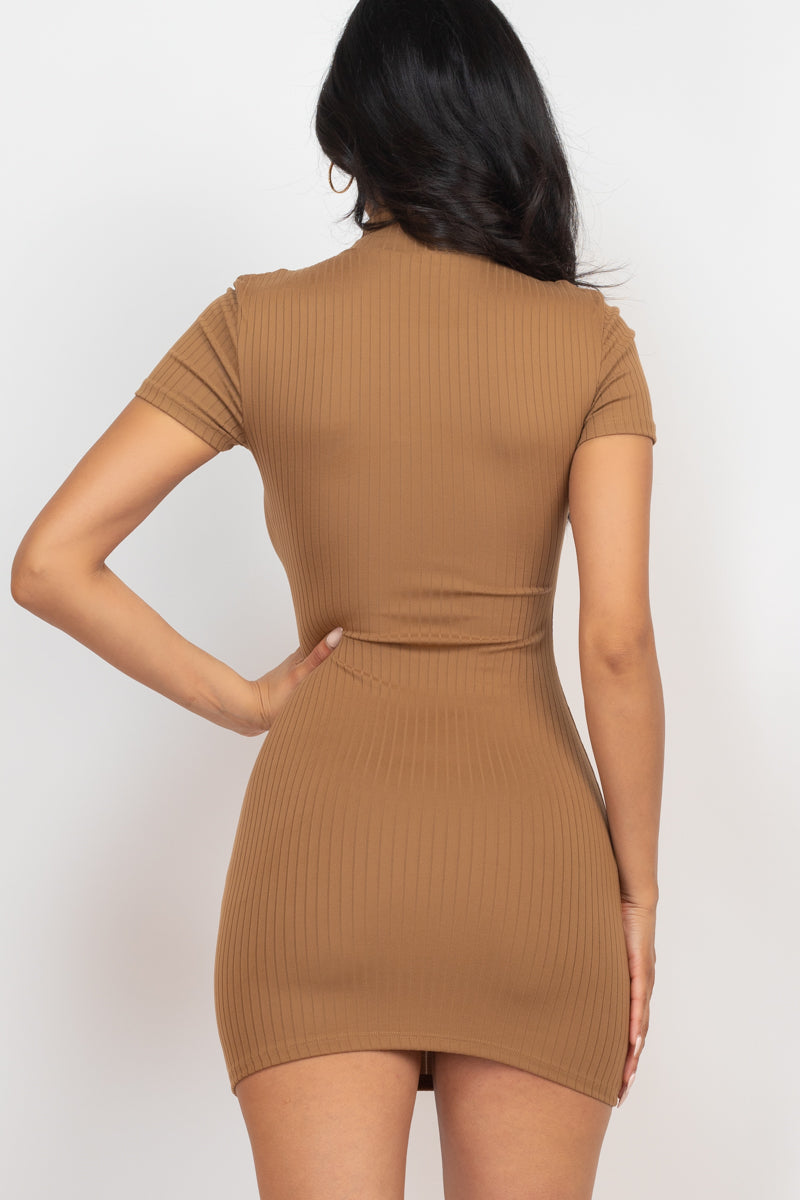Casual Ribbed Mock Neck Short Sleeve Bodycon Dress (CAPELLA)-22