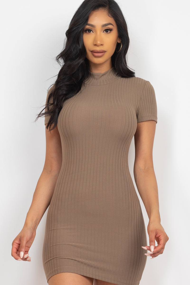 Casual Ribbed Mock Neck Short Sleeve Bodycon Dress (CAPELLA)-25