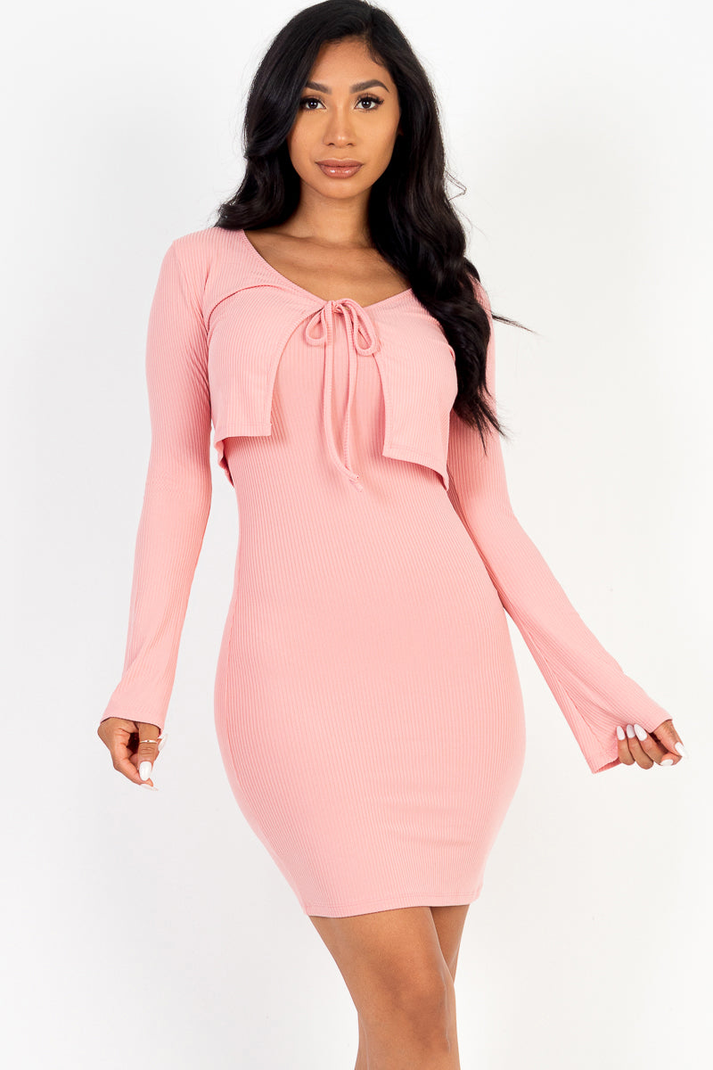 Rib Cropped Cardigan & Mini Cami Bodycon Dress (CAPELLA)-11