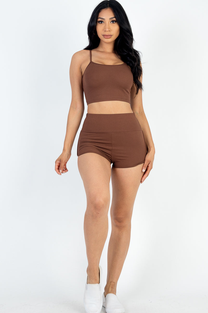 Ribbed Cami Crop Top & Ruched Shorts Set(CAPELLA)-20