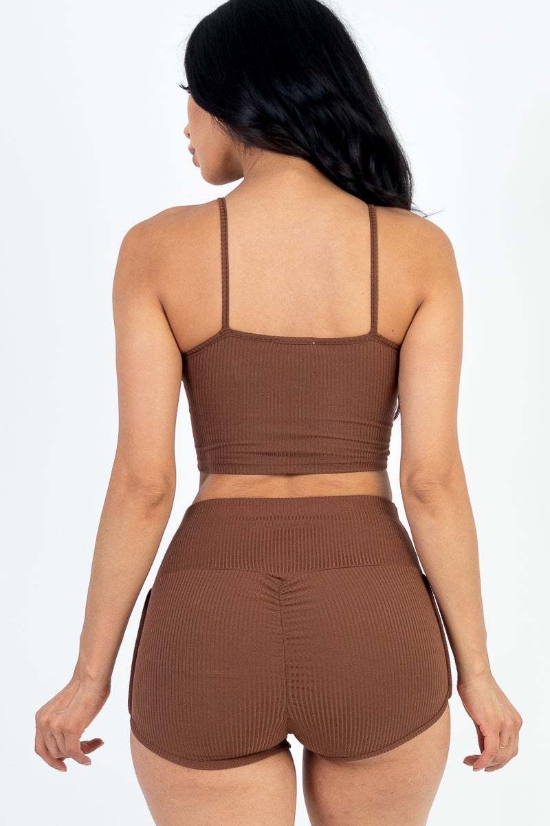 Ribbed Cami Crop Top & Ruched Shorts Set(CAPELLA)-18