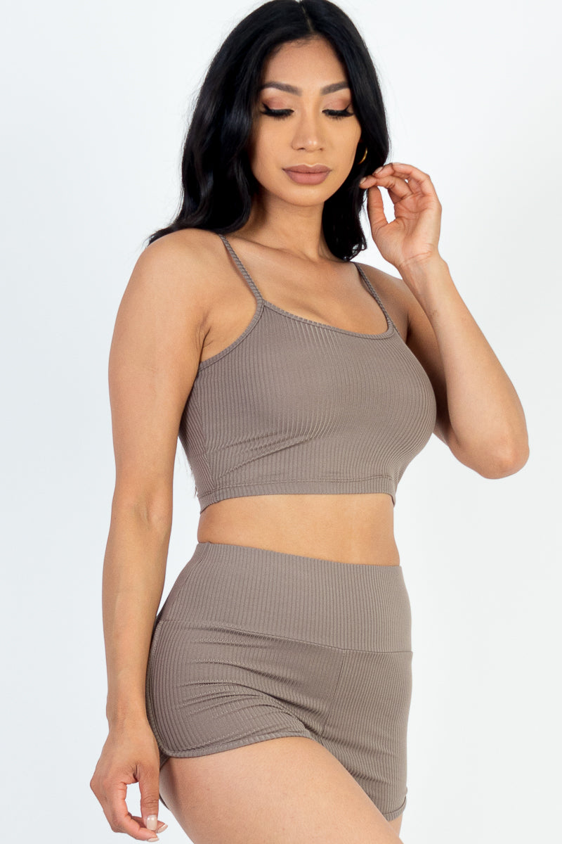Ribbed Cami Crop Top & Ruched Shorts Set(CAPELLA)-37