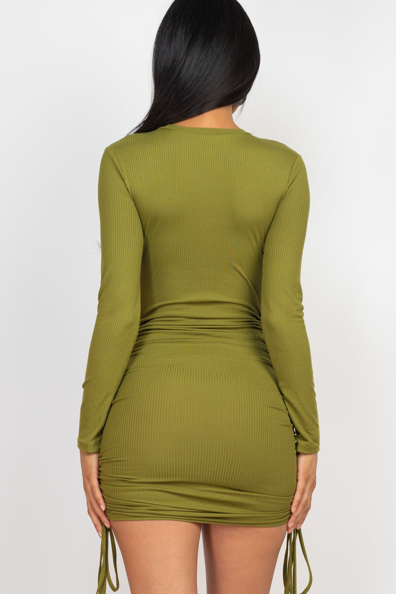 Ribbed Long Sleeve Drawstring Bodycon Dress (CAPELLA)-32