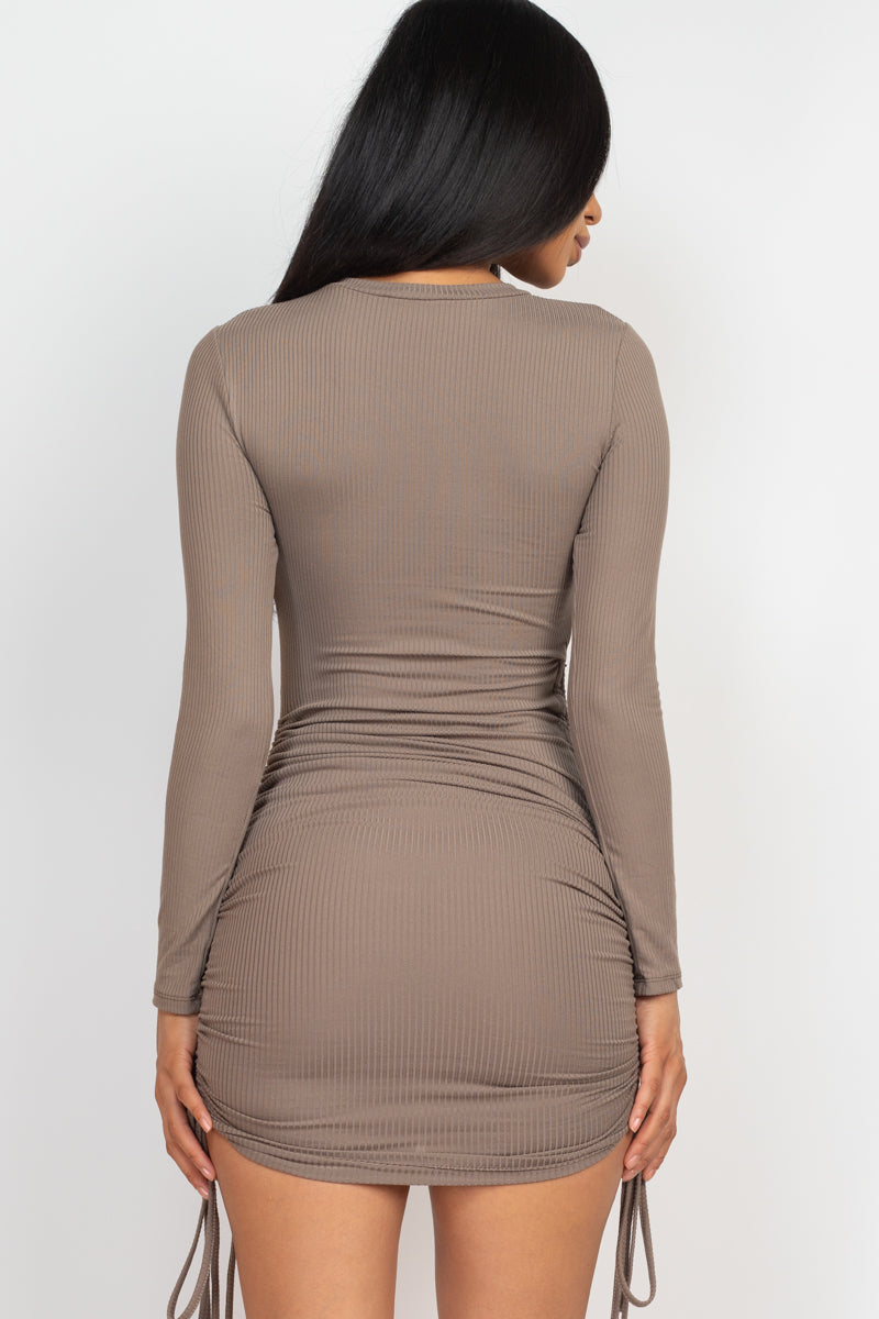 Ribbed Long Sleeve Drawstring Bodycon Dress (CAPELLA)-37