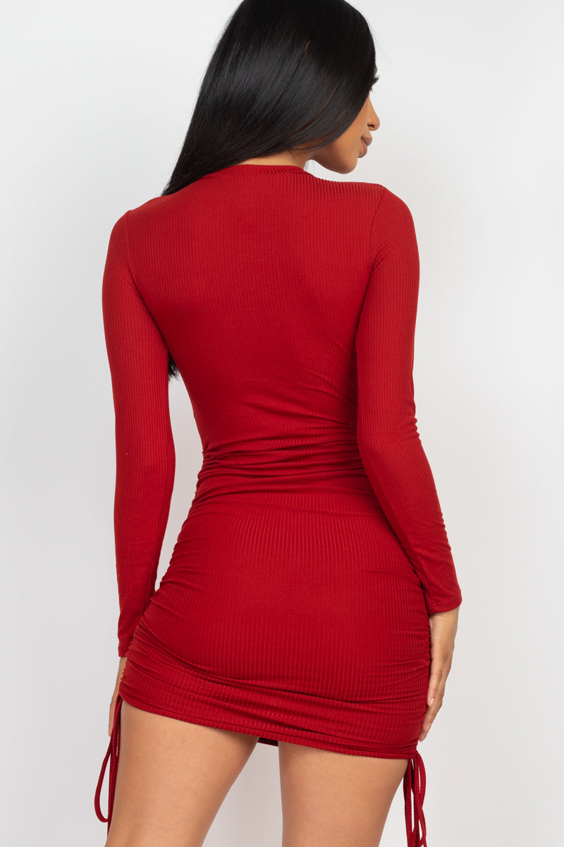 Ribbed Long Sleeve Drawstring Bodycon Dress (CAPELLA)-12