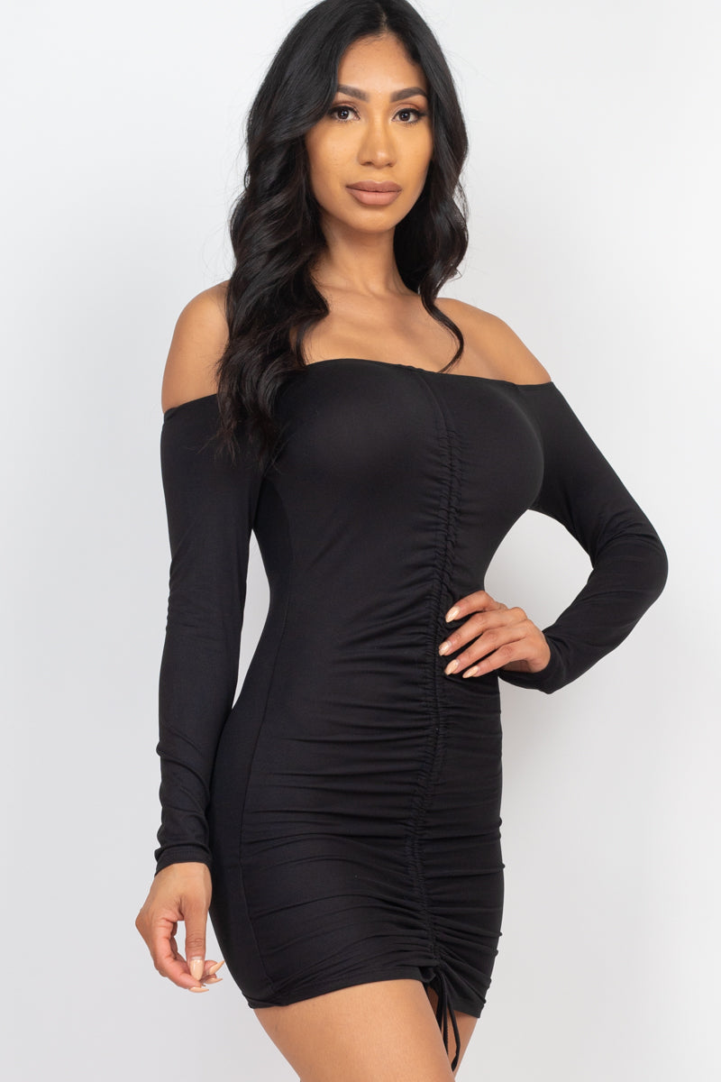 Off Shoulder Ruched Drawstring Bodycon Dress (CAPELLA)-21