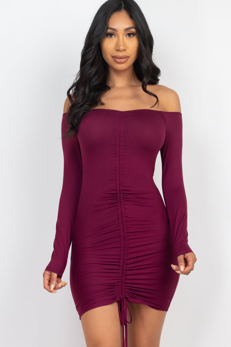 Off Shoulder Ruched Drawstring Bodycon Dress (CAPELLA)-25