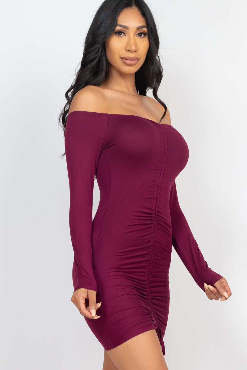 Off Shoulder Ruched Drawstring Bodycon Dress (CAPELLA)-26