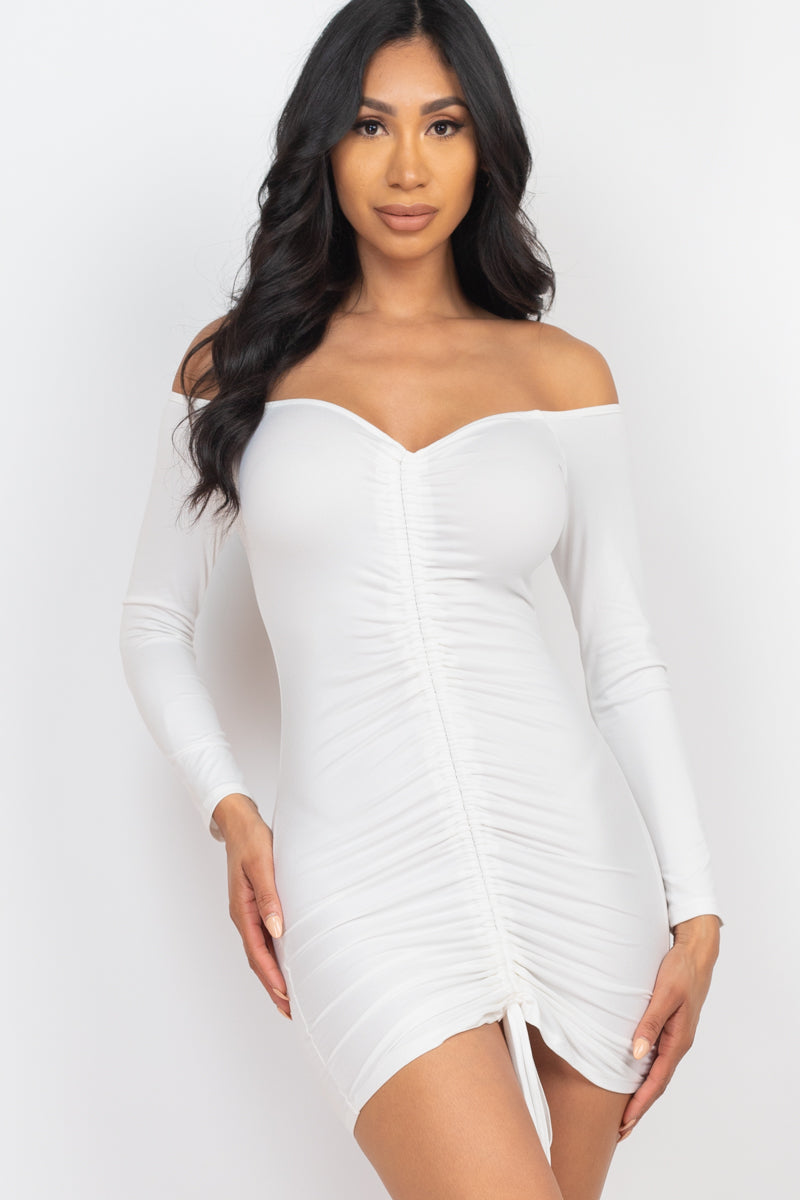 Off Shoulder Ruched Drawstring Bodycon Dress (CAPELLA)-15