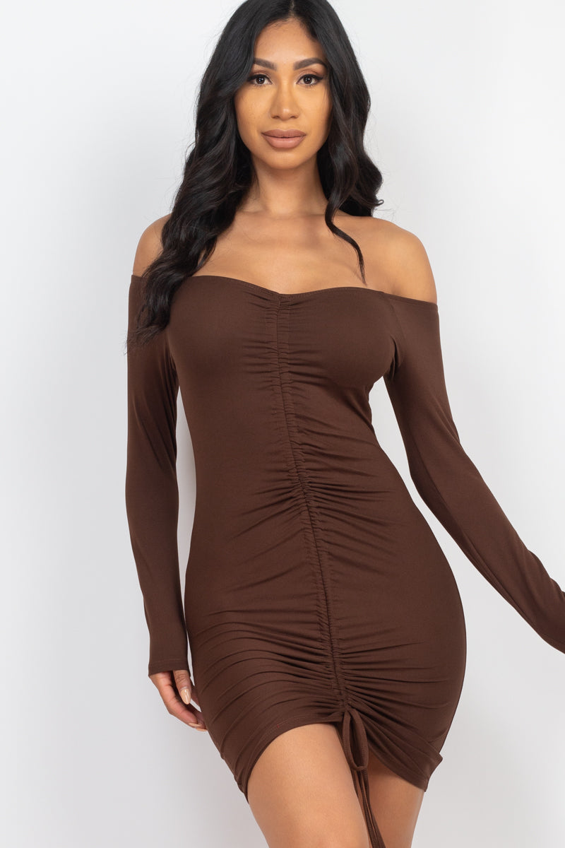 Off Shoulder Ruched Drawstring Bodycon Dress (CAPELLA)-5