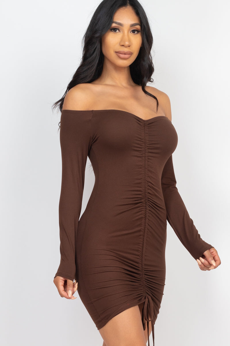 Off Shoulder Ruched Drawstring Bodycon Dress (CAPELLA)-6