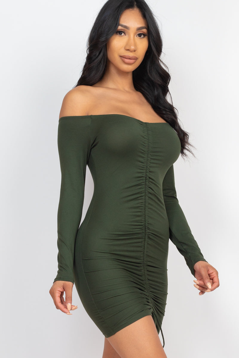 Off Shoulder Ruched Drawstring Bodycon Dress (CAPELLA)-11