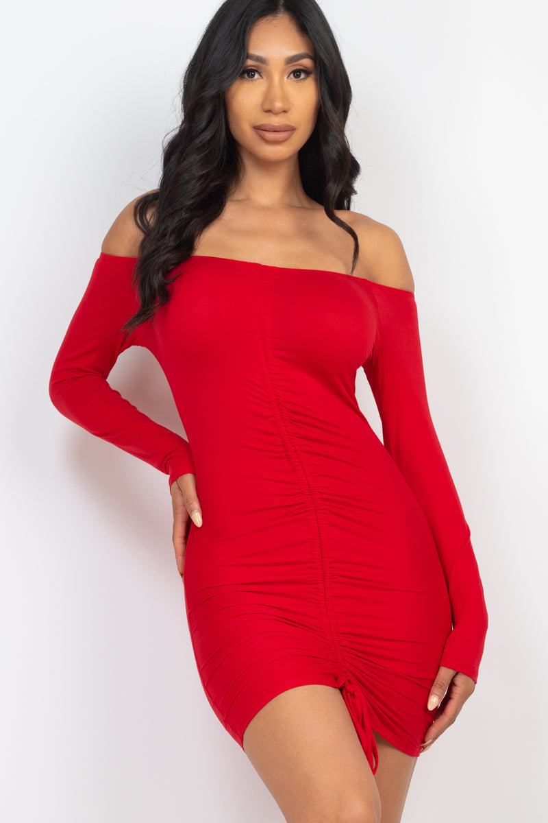 Off Shoulder Ruched Drawstring Bodycon Dress (CAPELLA)-0