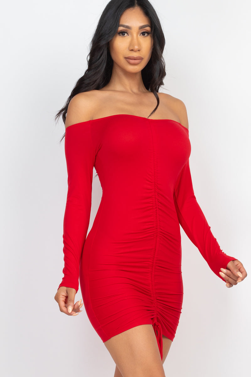 Off Shoulder Ruched Drawstring Bodycon Dress (CAPELLA)-1