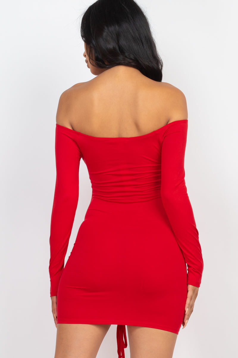 Off Shoulder Ruched Drawstring Bodycon Dress (CAPELLA)-2