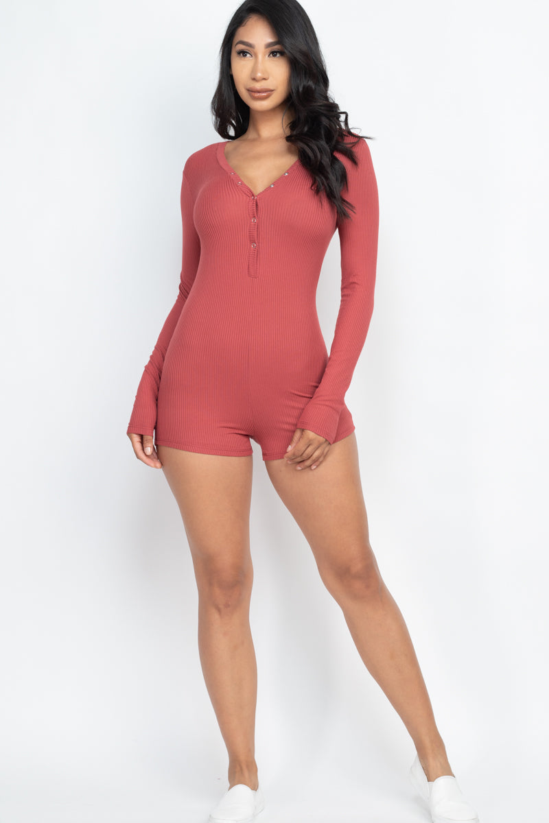 Ribbed Button Neck Long Sleeve Bodycon Romper (CAPELLA)-10