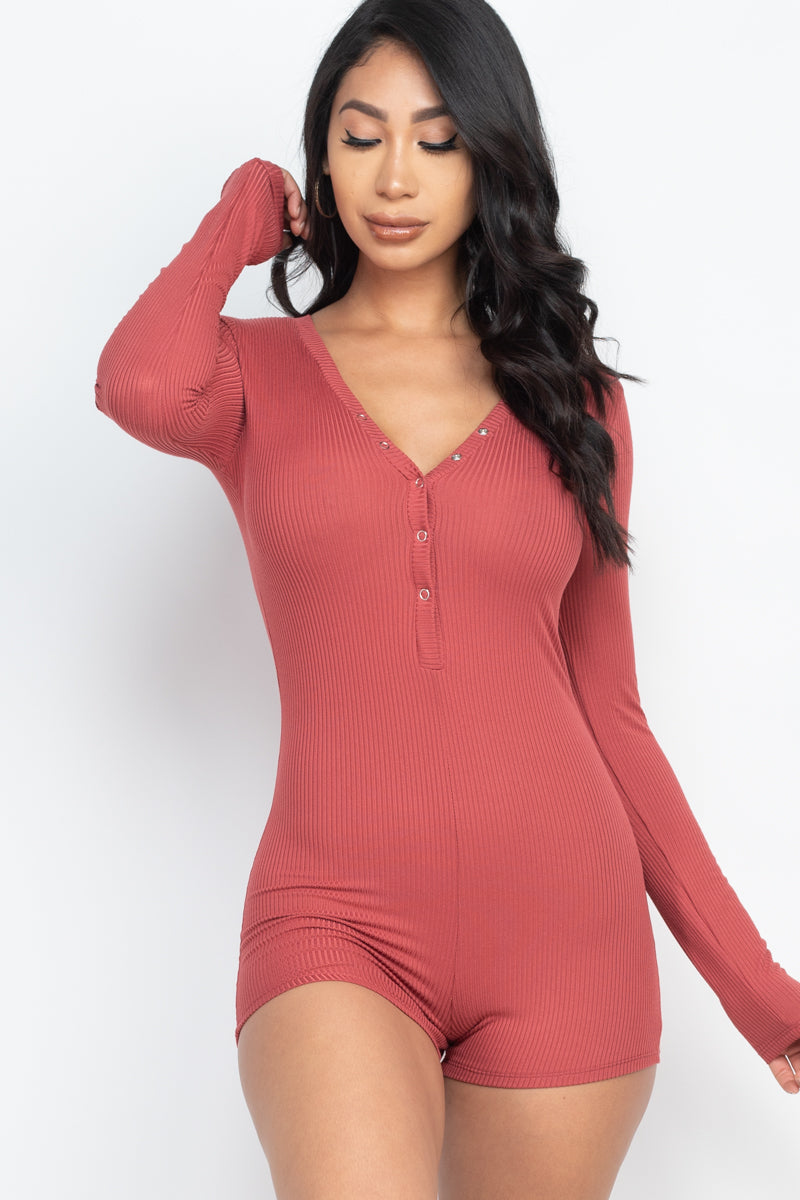 Ribbed Button Neck Long Sleeve Bodycon Romper (CAPELLA)-5