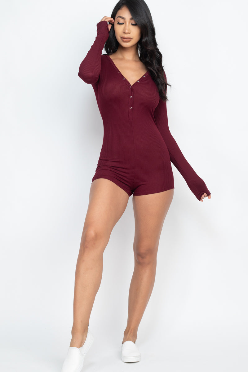 Ribbed Button Neck Long Sleeve Bodycon Romper (CAPELLA)-16