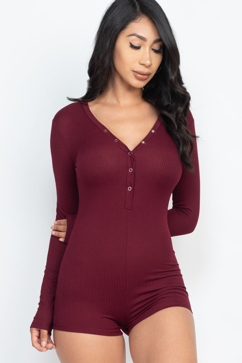 Ribbed Button Neck Long Sleeve Bodycon Romper (CAPELLA)-11