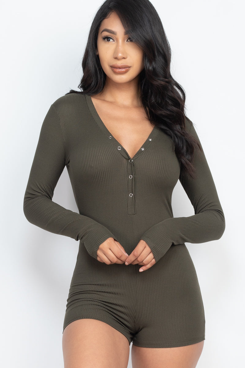 Ribbed Button Neck Long Sleeve Bodycon Romper (CAPELLA)-18