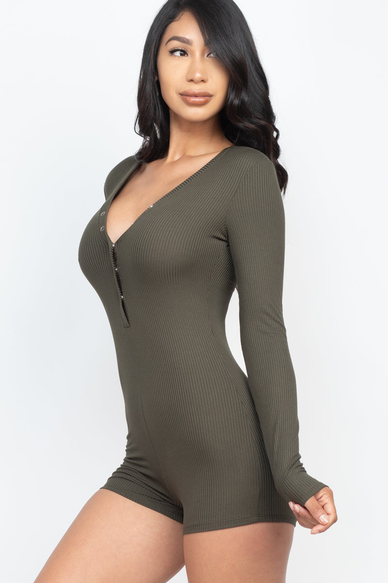 Ribbed Button Neck Long Sleeve Bodycon Romper (CAPELLA)-20