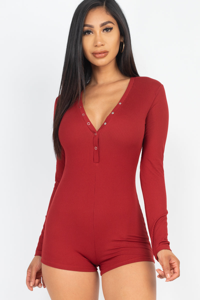 Ribbed Button Neck Long Sleeve Bodycon Romper (CAPELLA)-24