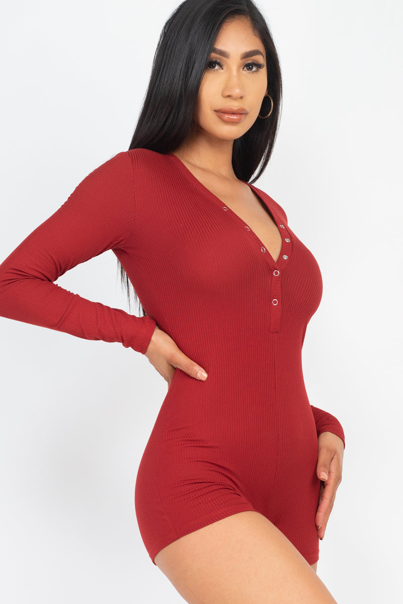 Ribbed Button Neck Long Sleeve Bodycon Romper (CAPELLA)-26