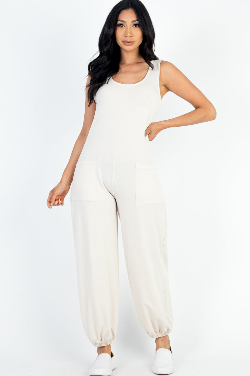 Casual Solid French Terry Sleeveless Scoop Neck Front Pocket Jumpsuit (CAPELLA)-29