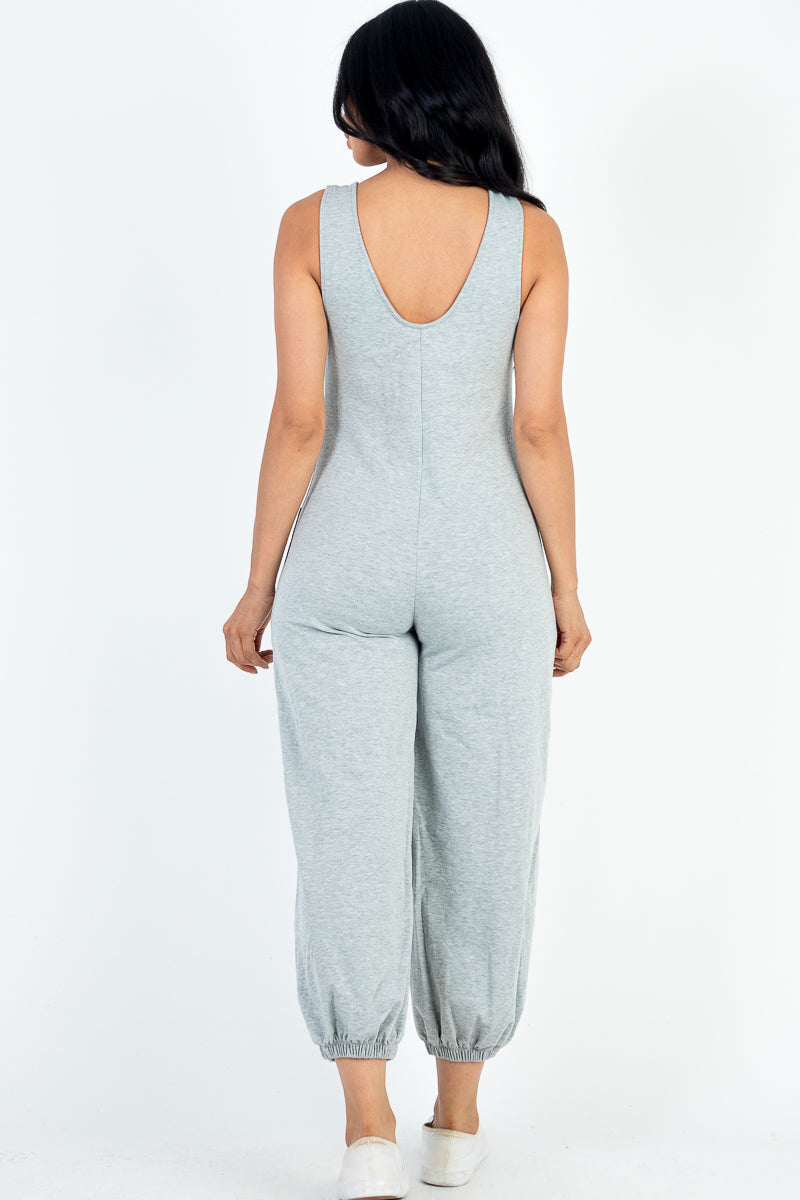 Casual Solid French Terry Sleeveless Scoop Neck Front Pocket Jumpsuit (CAPELLA)-7