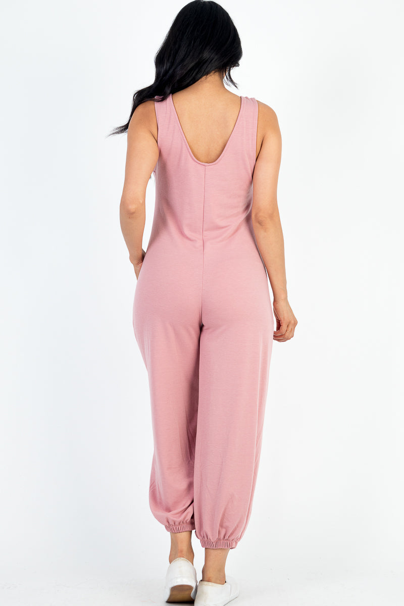 Casual Solid French Terry Sleeveless Scoop Neck Front Pocket Jumpsuit (CAPELLA)-12