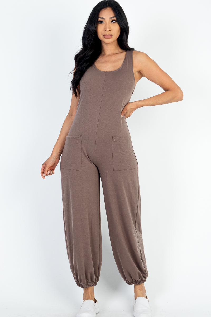 Casual Solid French Terry Sleeveless Scoop Neck Front Pocket Jumpsuit (CAPELLA)-19