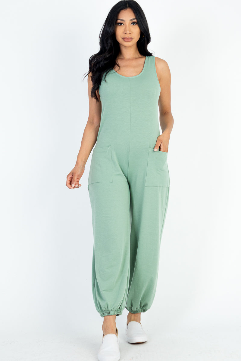 Casual Solid French Terry Sleeveless Scoop Neck Front Pocket Jumpsuit (CAPELLA)-4