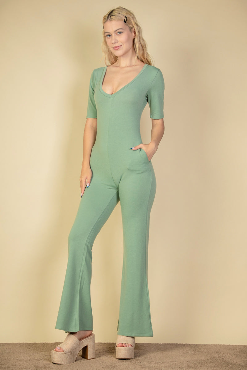 French Terry Short Sleeve Flare Jumpsuit (CAPELLA)-0