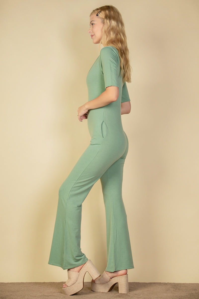 French Terry Short Sleeve Flare Jumpsuit (CAPELLA)-1