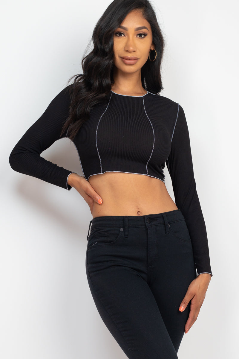 Exposed Seam Long Sleeve Ribbed Crop Top (CAPELLA)-15