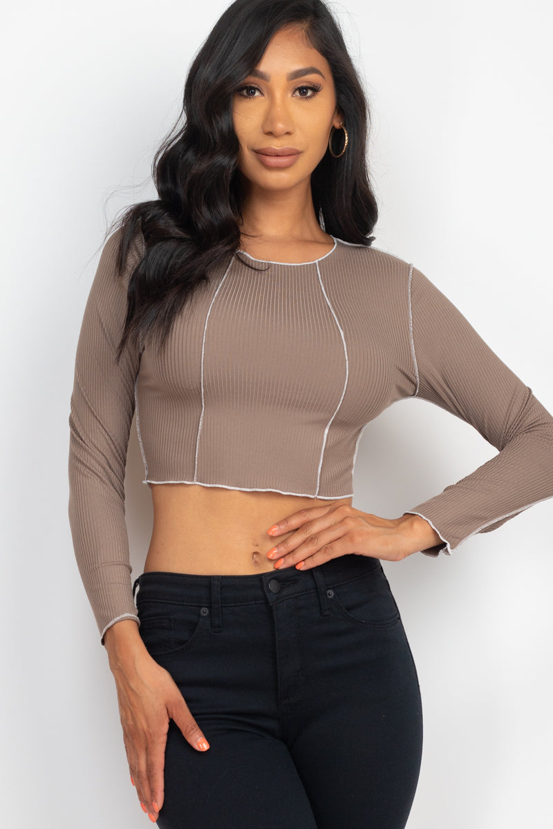 Exposed Seam Long Sleeve Ribbed Crop Top (CAPELLA)-10