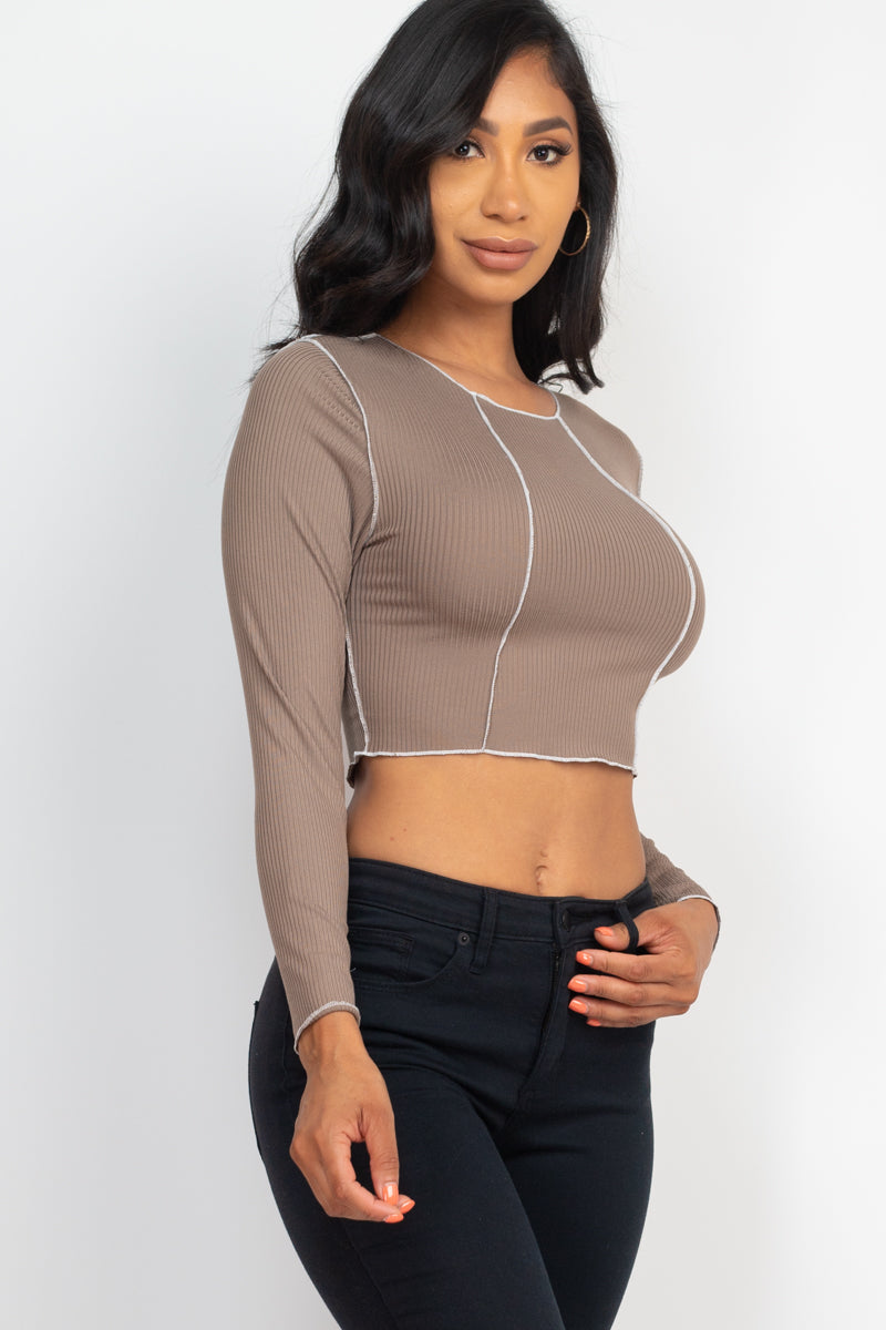 Exposed Seam Long Sleeve Ribbed Crop Top (CAPELLA)-11