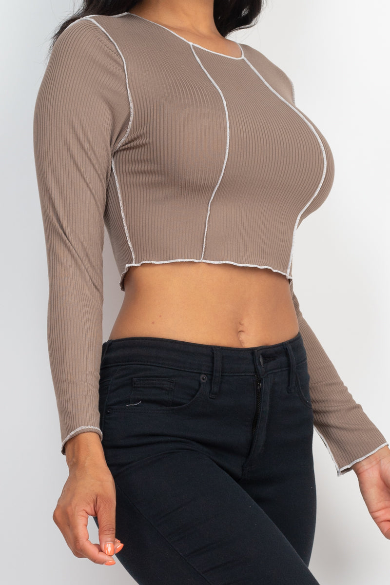 Exposed Seam Long Sleeve Ribbed Crop Top (CAPELLA)-13