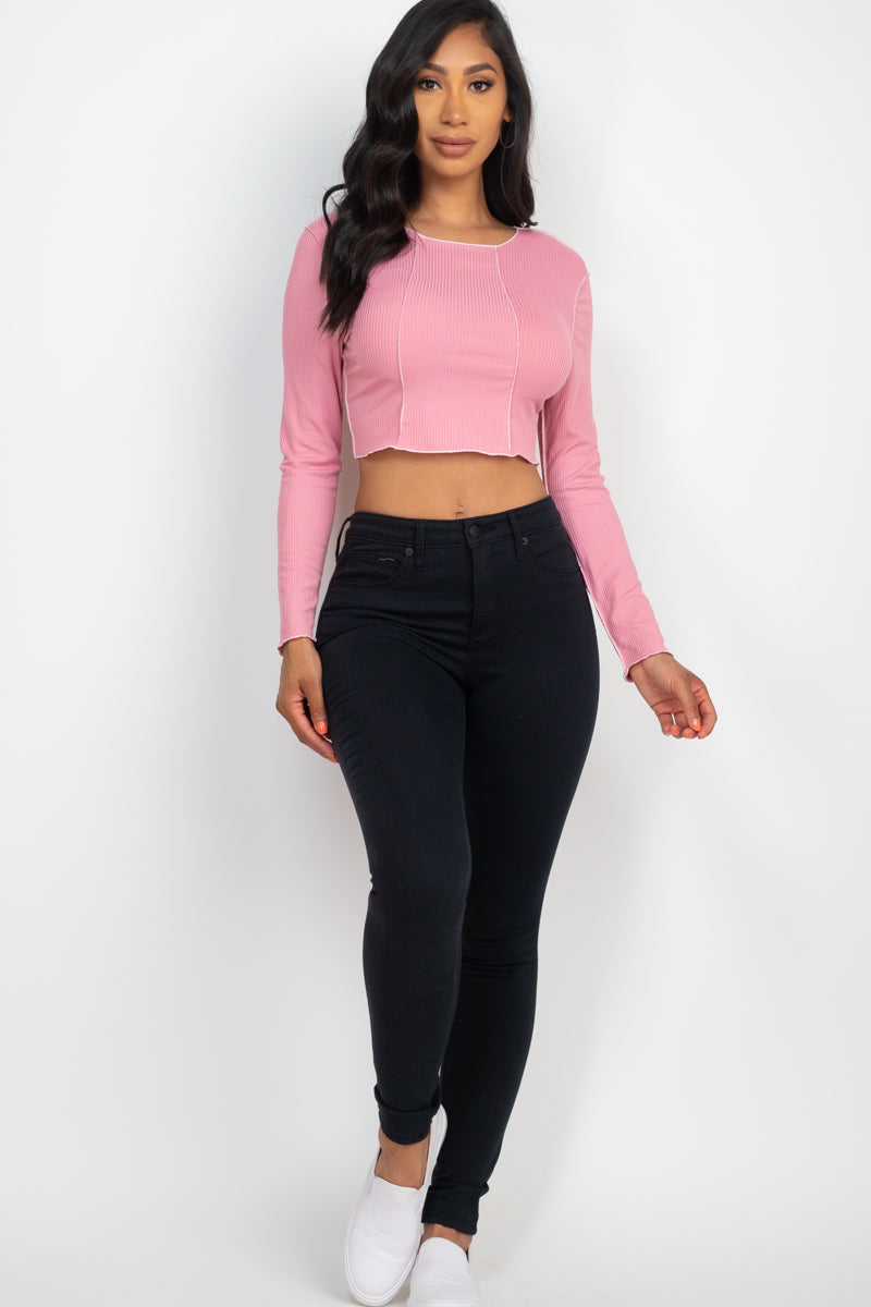 Exposed Seam Long Sleeve Ribbed Crop Top (CAPELLA)-9