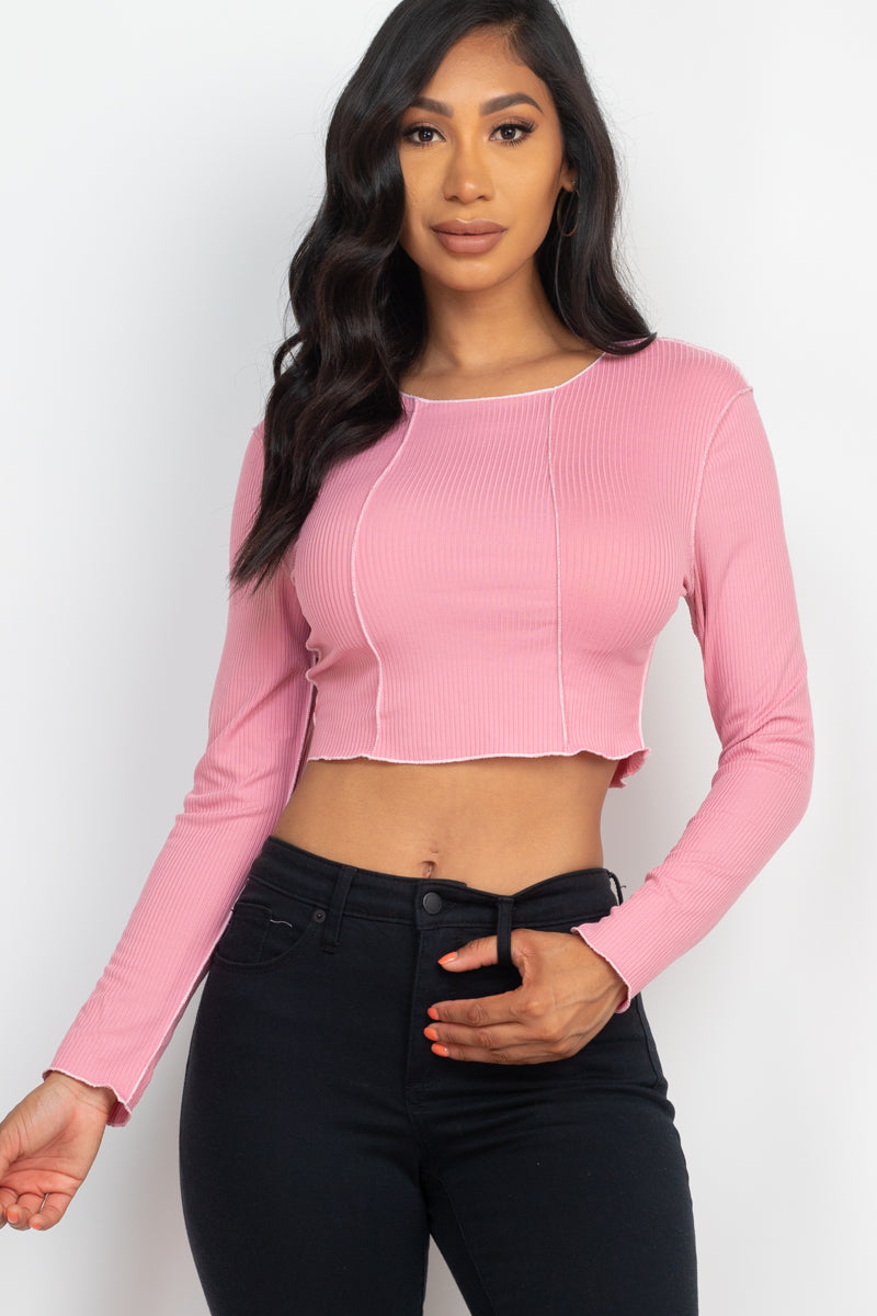 Exposed Seam Long Sleeve Ribbed Crop Top (CAPELLA)-5