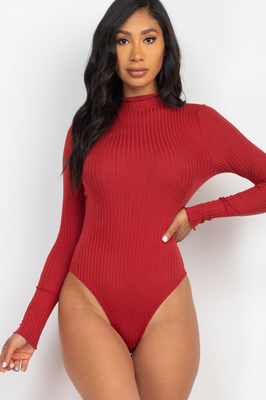 Ribbed Lettuce Edge Mock Neck Long Sleeve Bodysuit (CAPELLA)-0