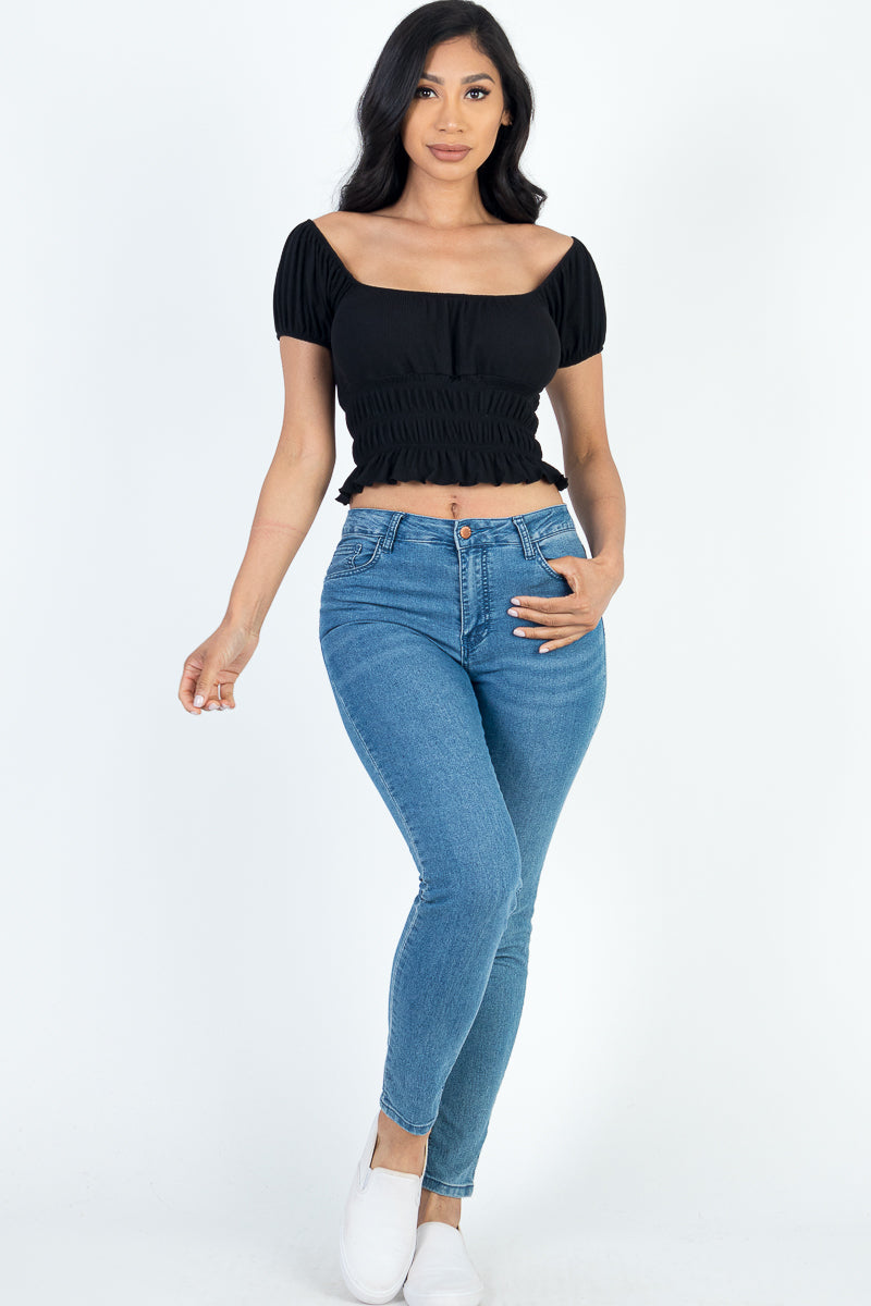 Casual Ruched Puff Sleeve Ribbed Knit Solid Top (CAPELLA)-11