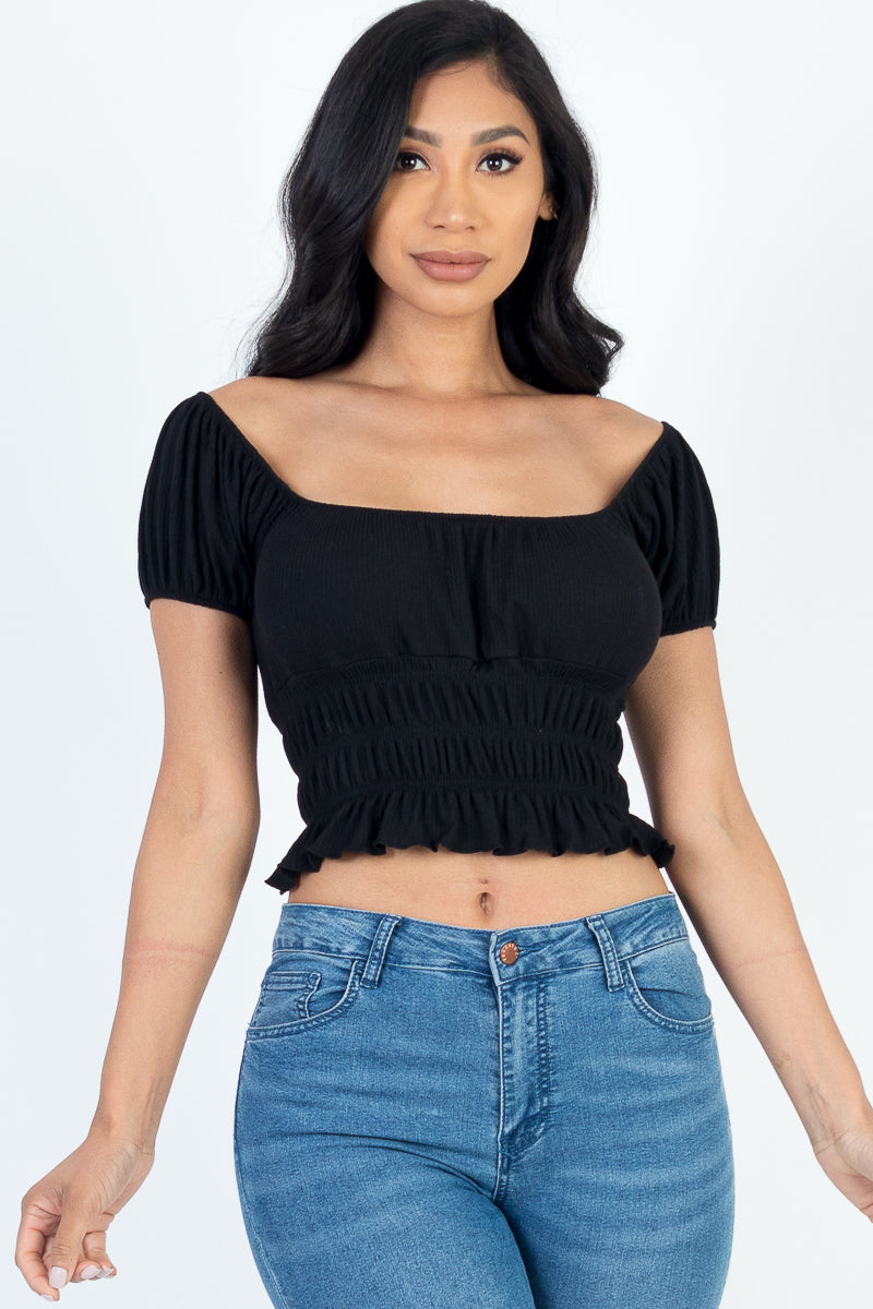 Casual Ruched Puff Sleeve Ribbed Knit Solid Top (CAPELLA)-7