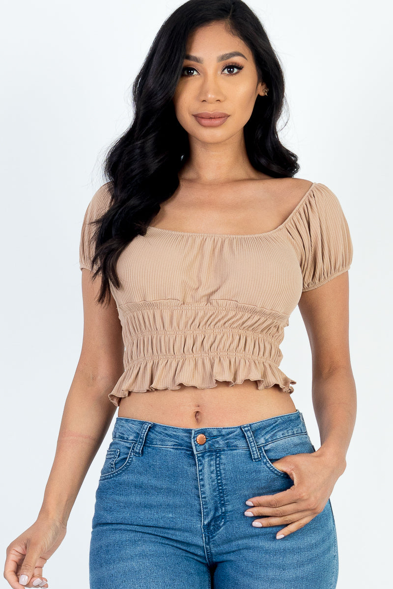 Casual Ruched Puff Sleeve Ribbed Knit Solid Top (CAPELLA)-17