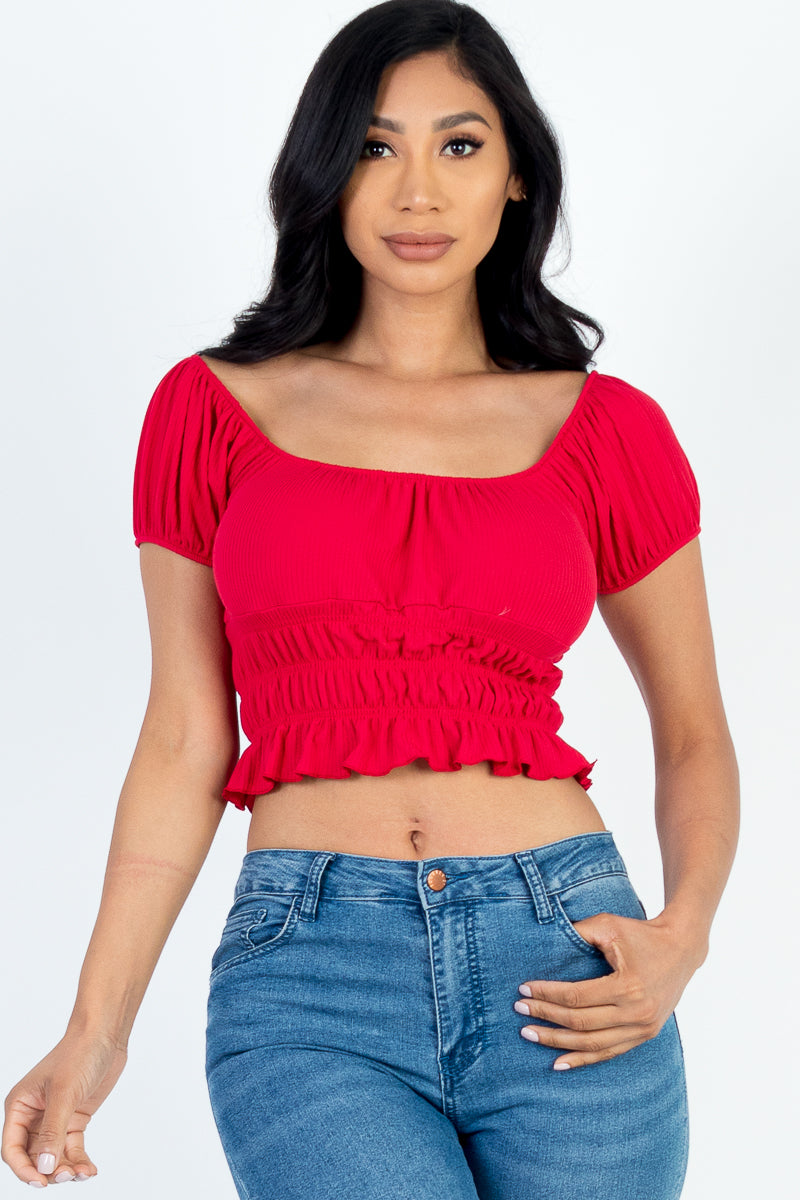 Casual Ruched Puff Sleeve Ribbed Knit Solid Top (CAPELLA)-22