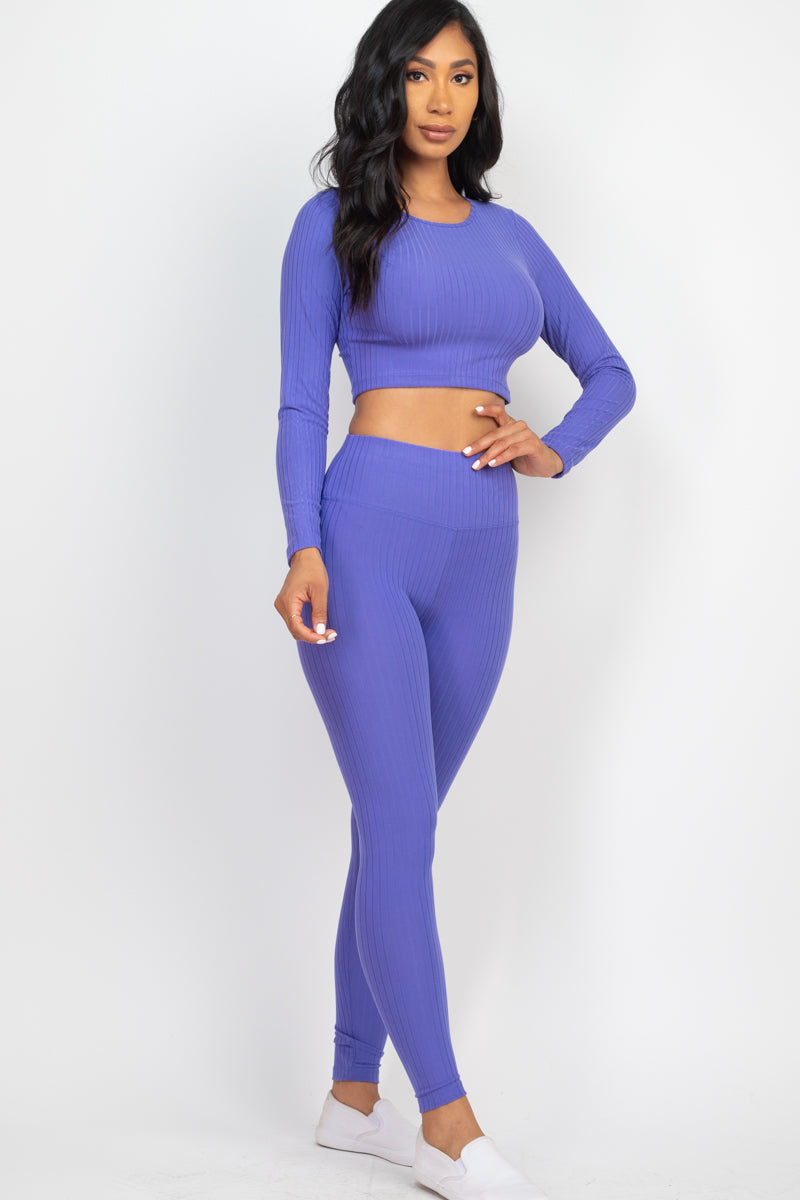 Ribbed Long Sleeve Crop Top & Leggings Set (CAPELLA)-1