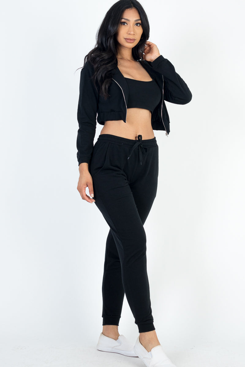 French Terry Cropped Cami with Zip-up Jacket and Joggers Set (CAPELLA)-7