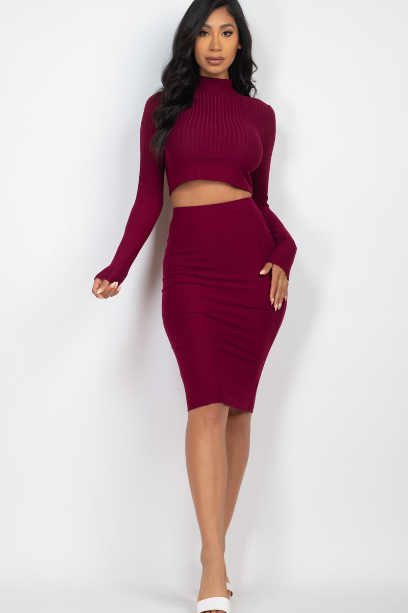 Ribbed Mock Neck Crop Top & Midi Skirt Set (CAPELLA)-25